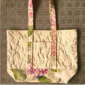 Handmade upcycled tote bag, pink & cream floral, lined, 4 pockets